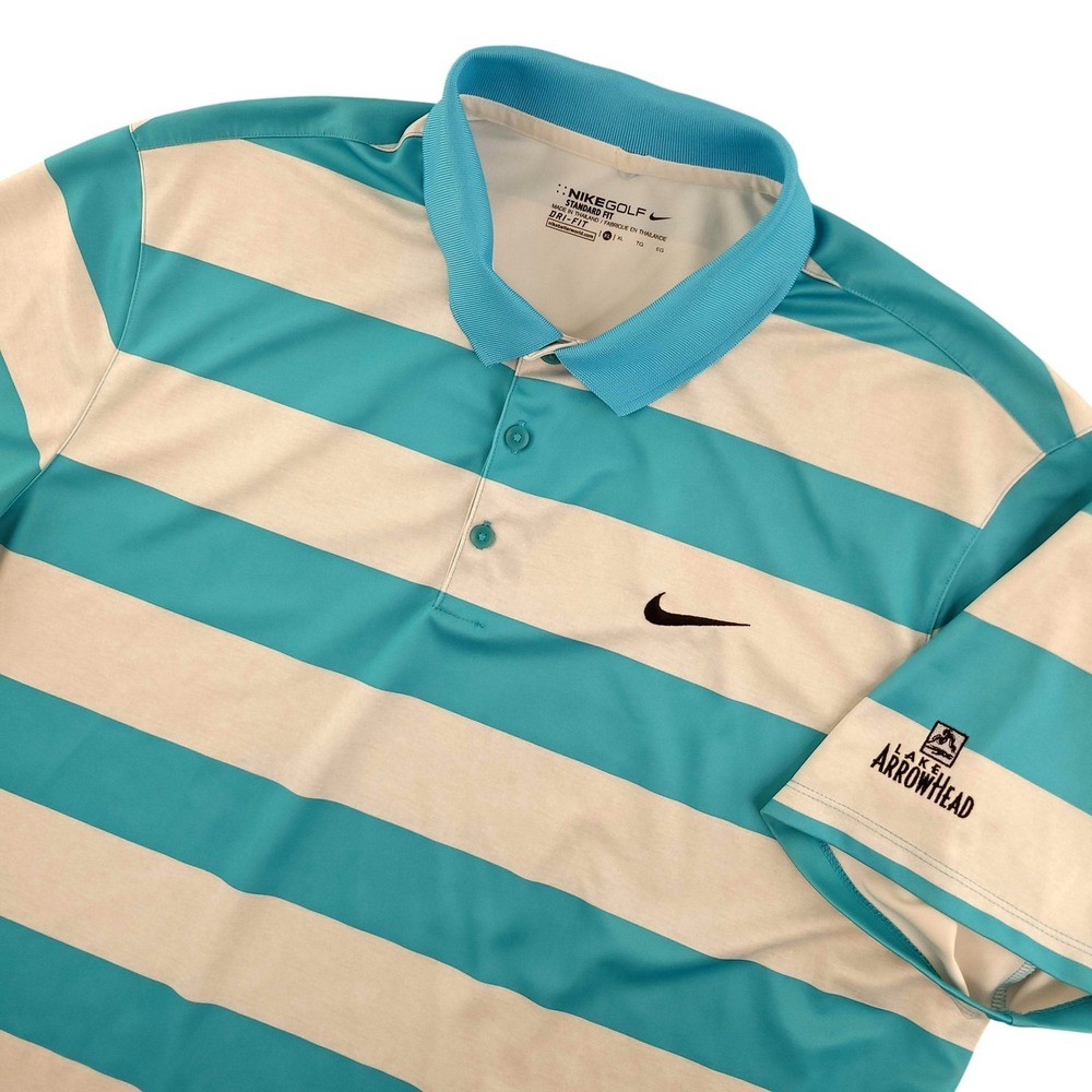 Nike Golf Dri-FIT Polo Shirt Mens XL Blue White Stripe Lake Arrowhead Top